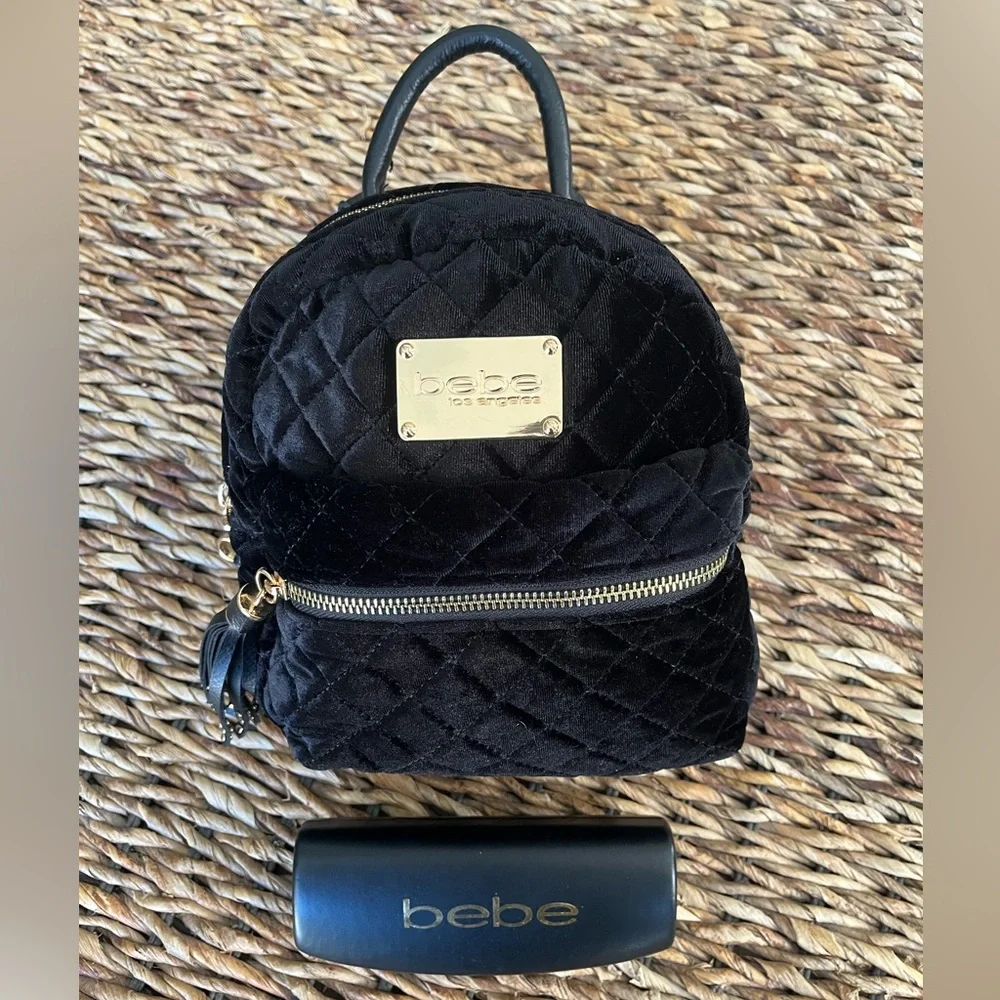 bebe Black Quilted Velvet Mini Backpack with Gold Hardware - Picture 2 of 10